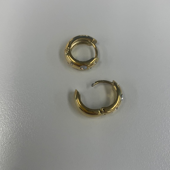 gold plated stainless steel and cz stone hoops huggie hoop earrings - Picture 2 of 4